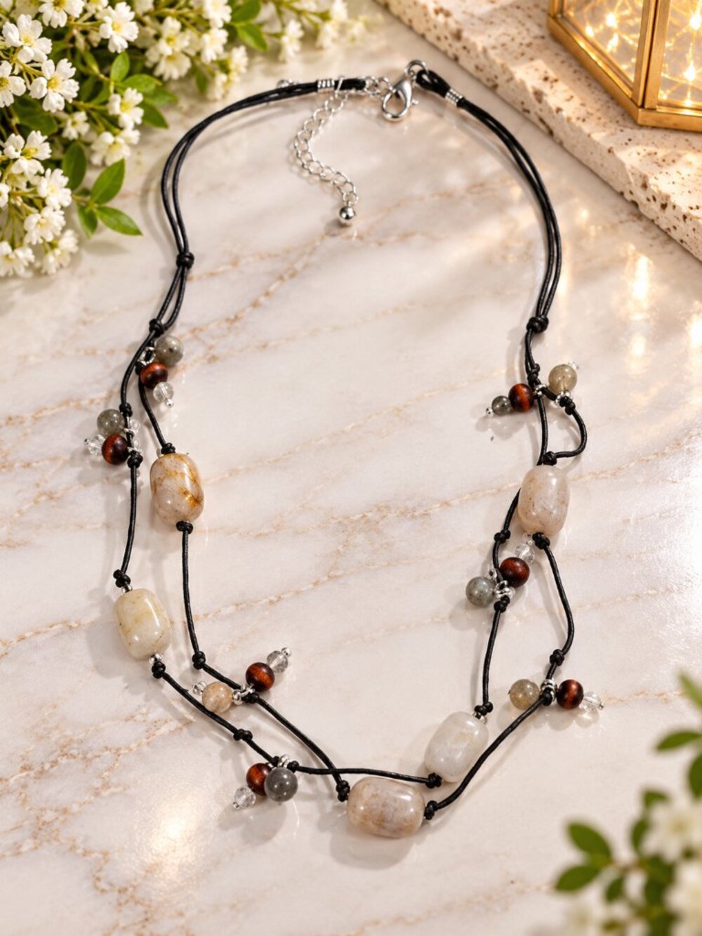 Boho Layered Brown Cord Necklace w/ Cream Stone & Brown Beads - Fashion Jewelry